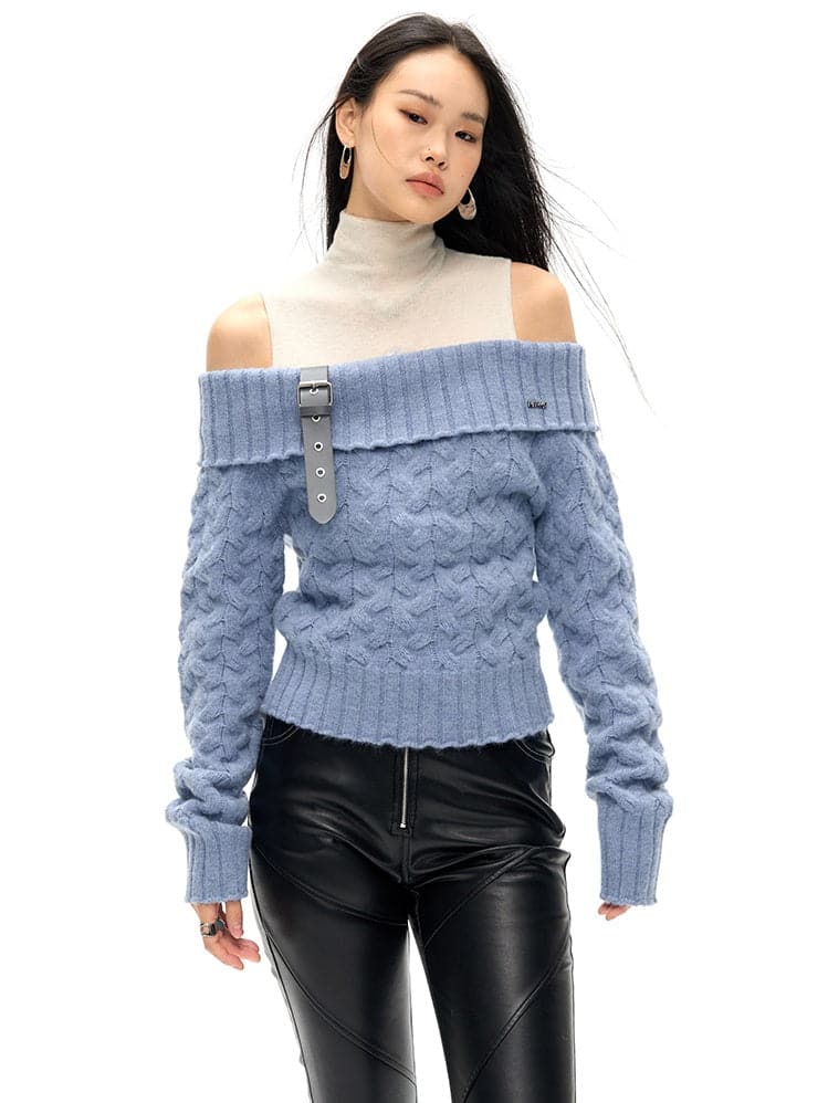 Detachable Belt One-Shoulder Sweater - chiclara