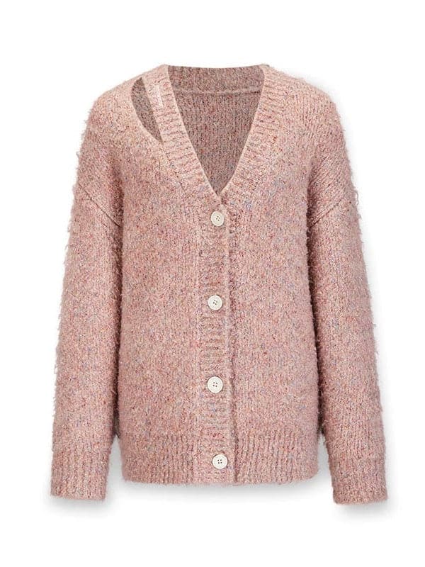 Cut-Out V-Neck Knitted Cardigan - chiclara