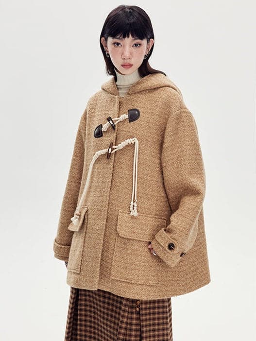 Horn Buckle Wool Coat With Hood - chiclara