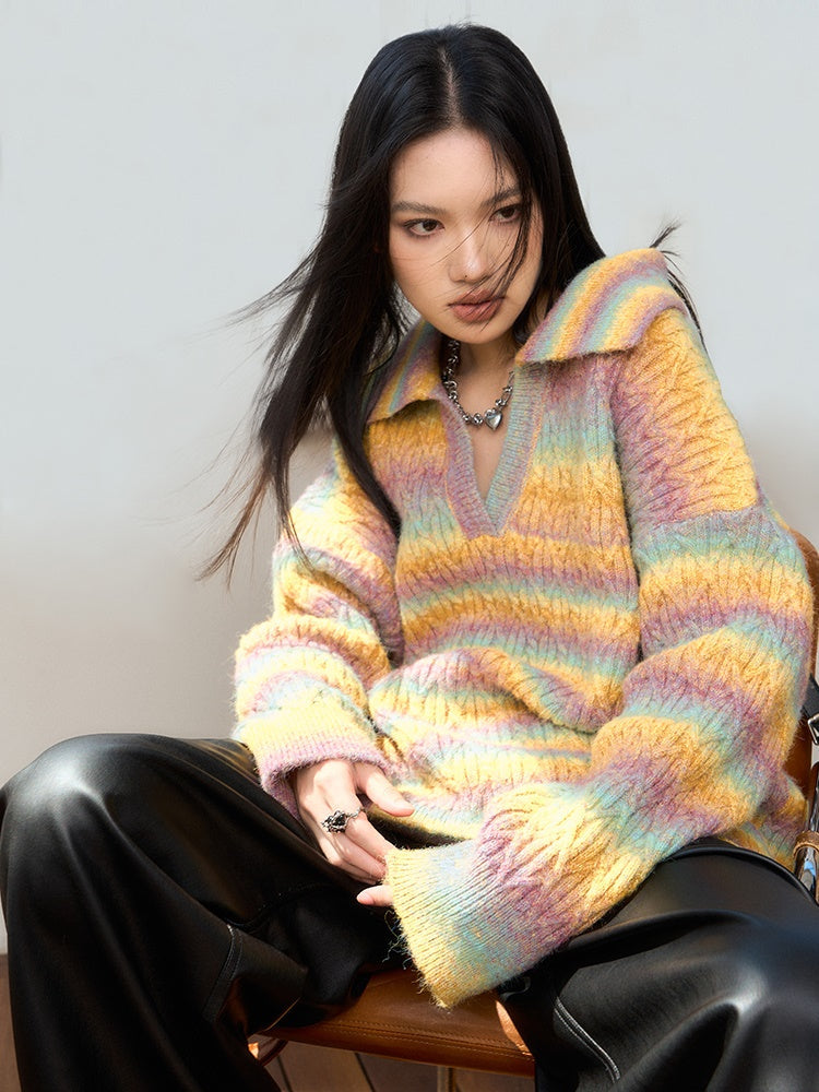 Gradient Rainbow Border Lapel Sweater - chiclara