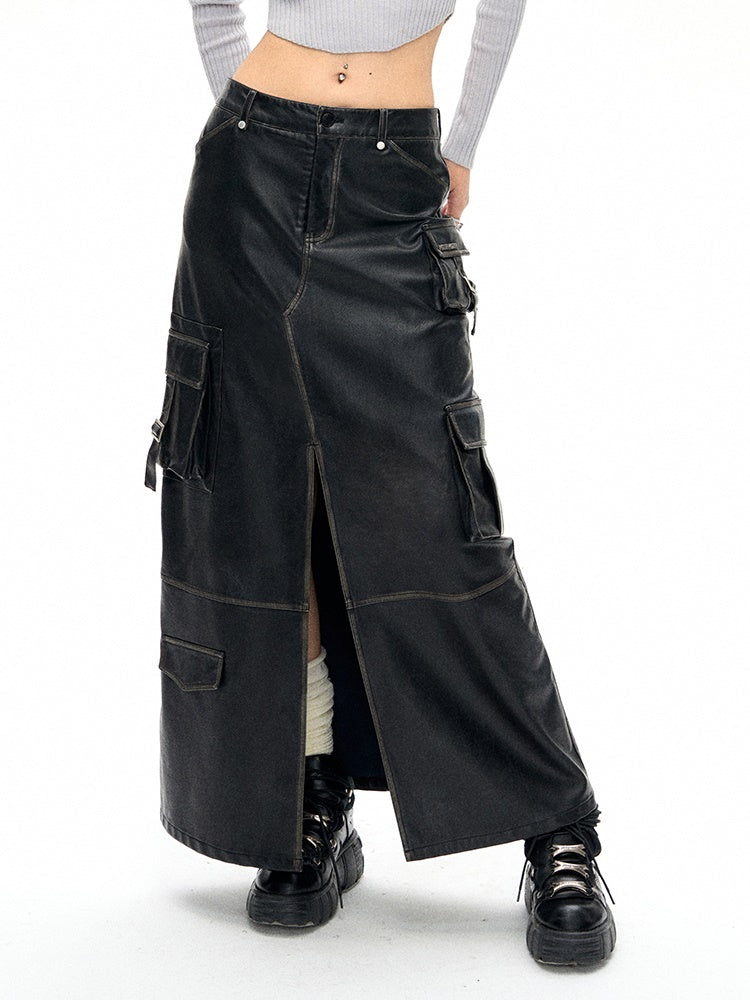 Old Polished Pu Leather Skirt - chiclara