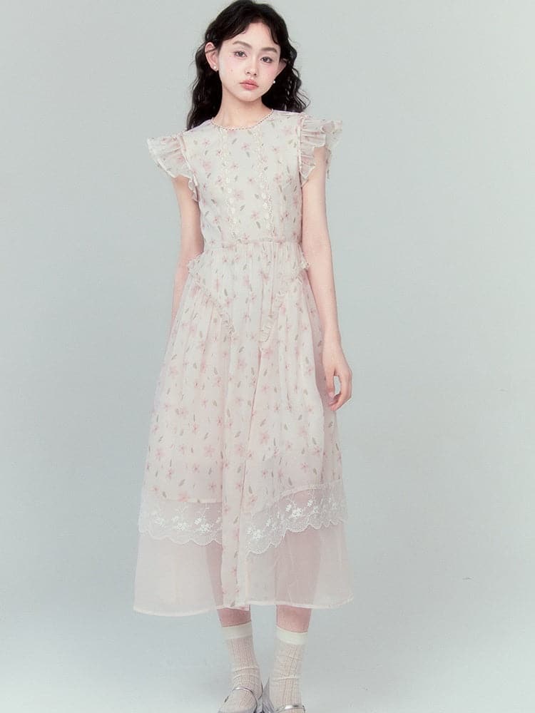 Lace Ruffled Flying Sleeve Dress - chiclara