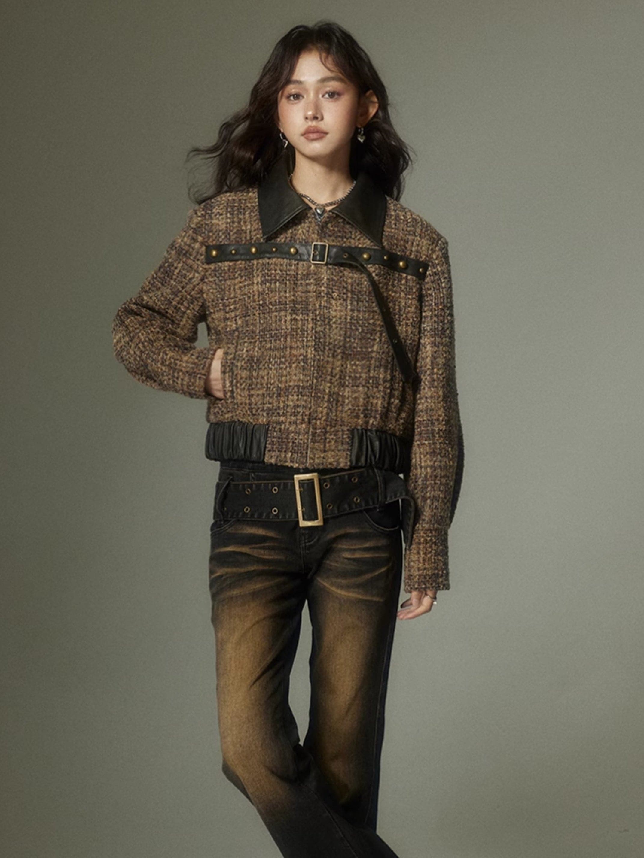 Fragrant Plaid Leather Jacket With Small Splicing - chiclara