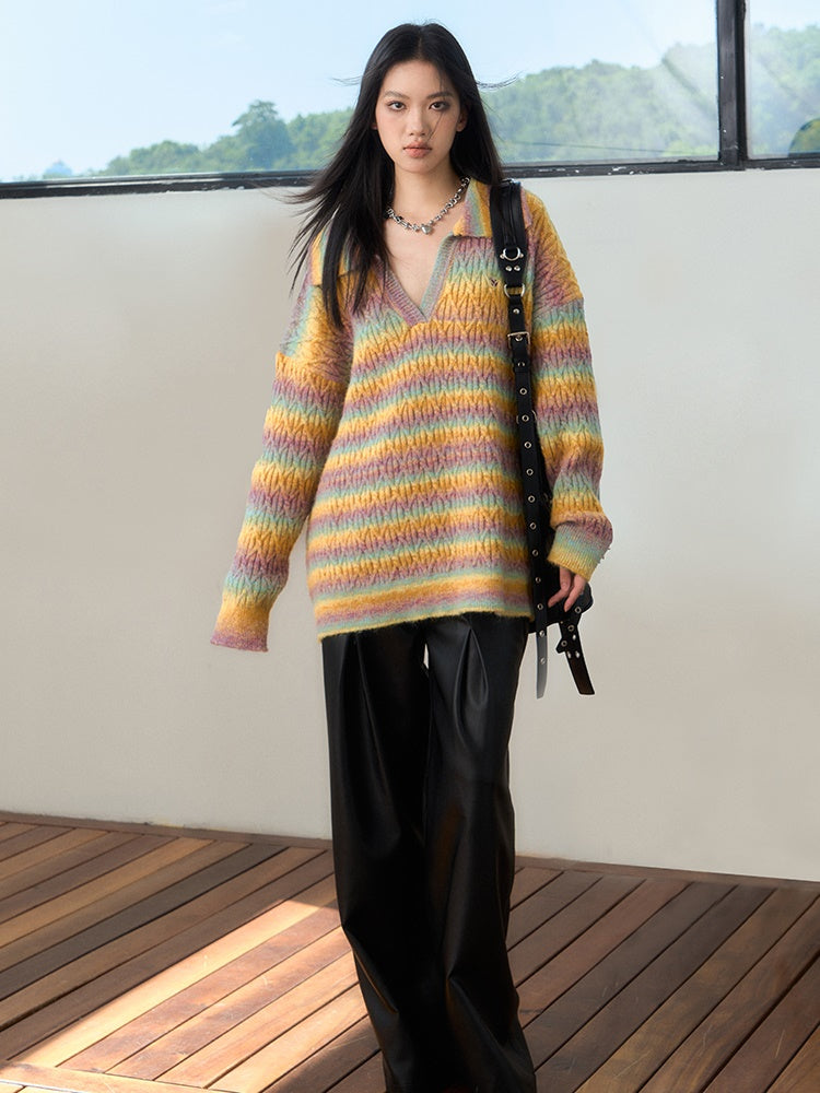 Gradient Rainbow Border Lapel Sweater - chiclara