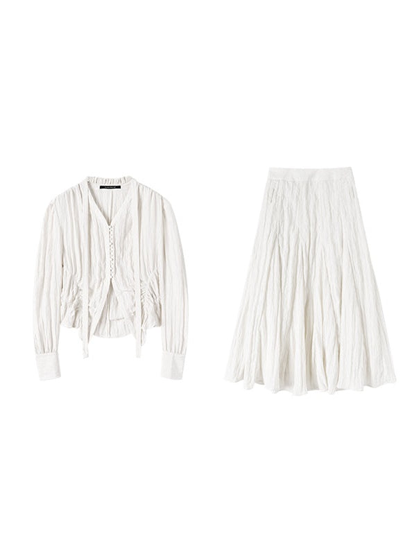 French V-Neck Micro-Waist Shirring Shirt & Skirt Set - chiclara