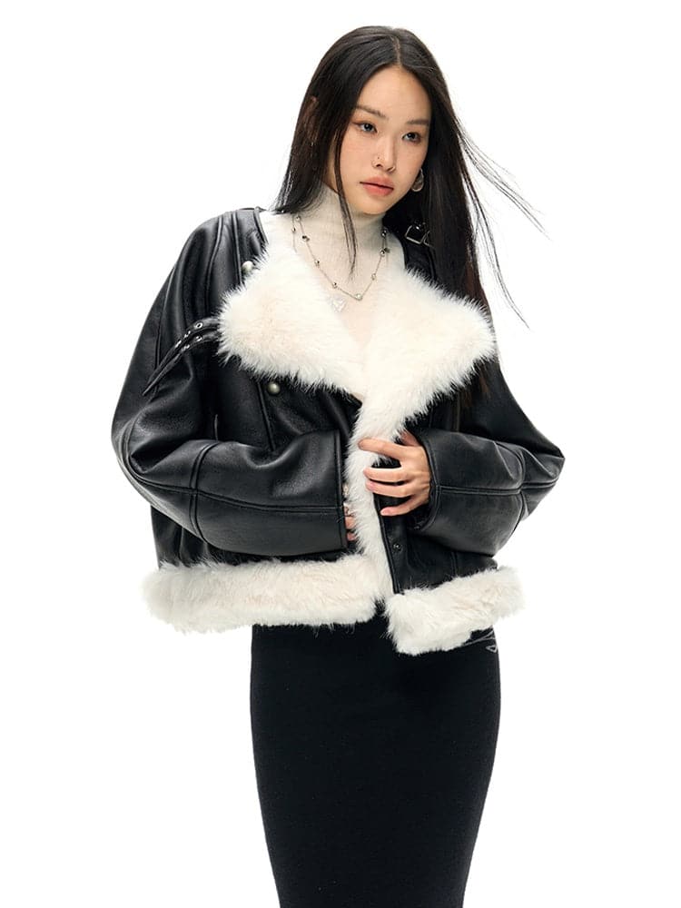 Large Lapel Eco-Friendly Fur Leather Jacket - chiclara