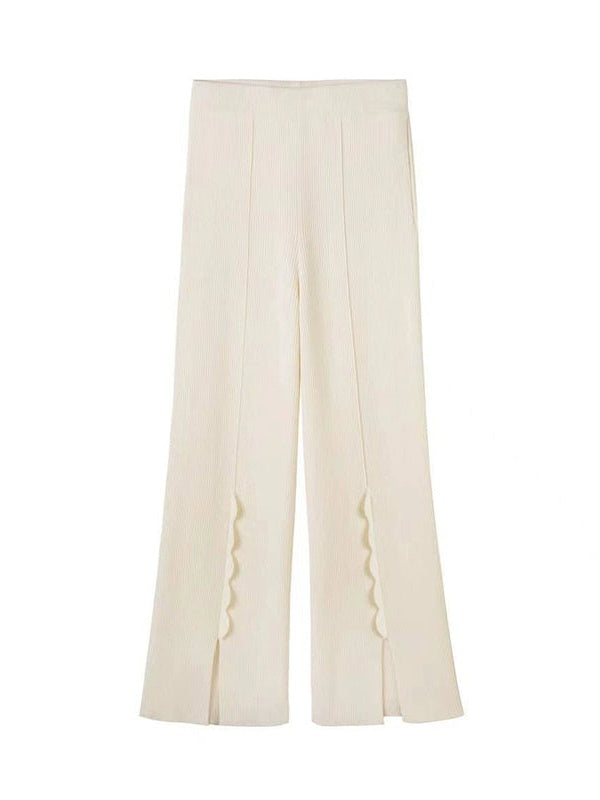 Front-Slit Knitted Pants With Unique Wavy Petal Design - chiclara
