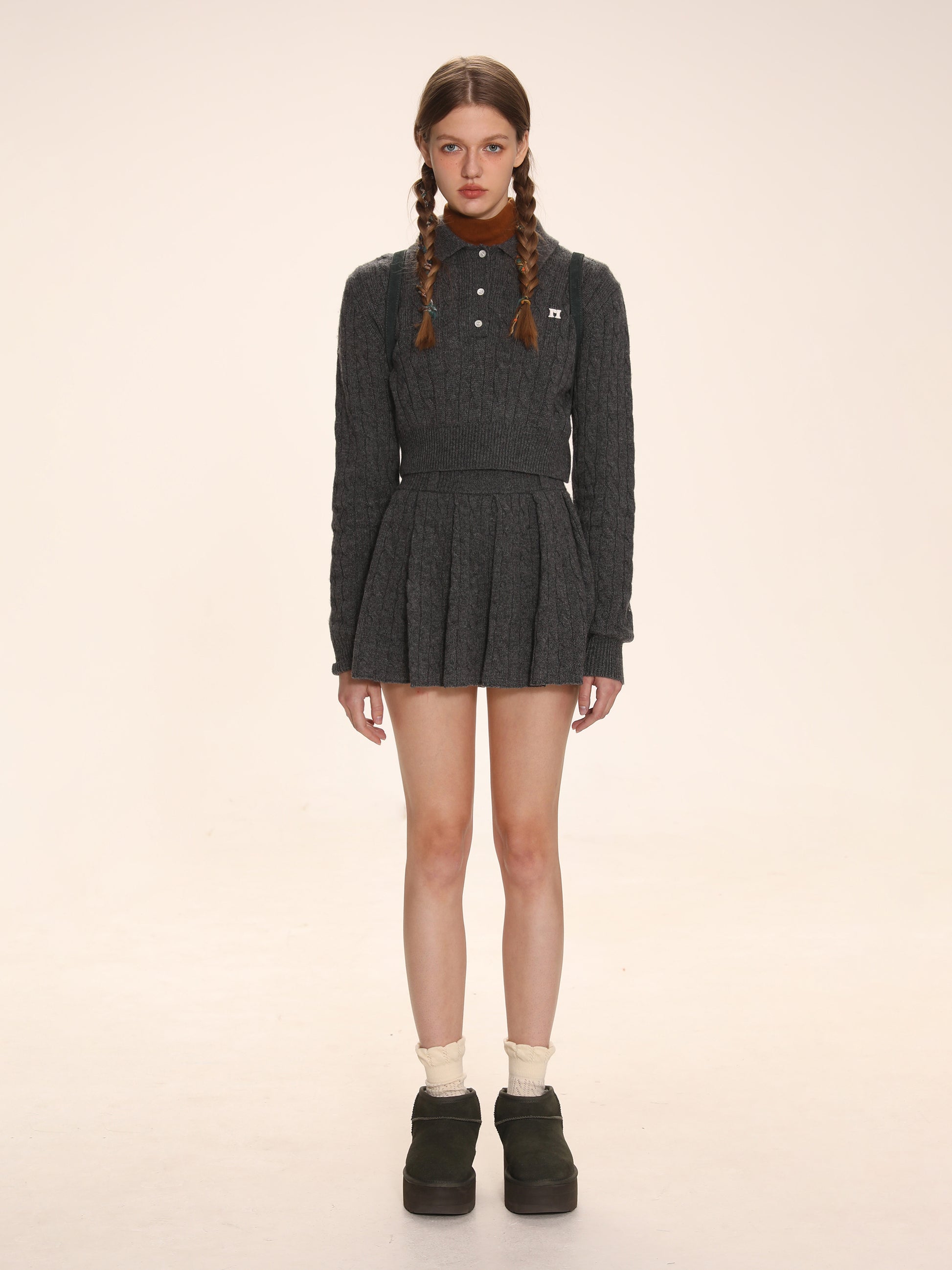 Pleated Knit Skirt & Twist Polo Sweater - chiclara