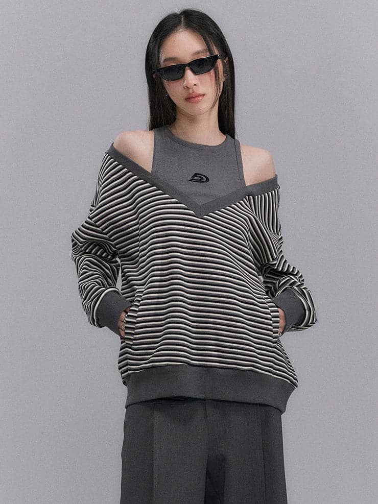 Cut-Shoulder V-Neck Striped Sweater - chiclara