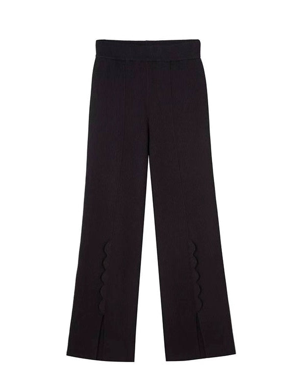 Front-Slit Knitted Pants With Unique Wavy Petal Design - chiclara