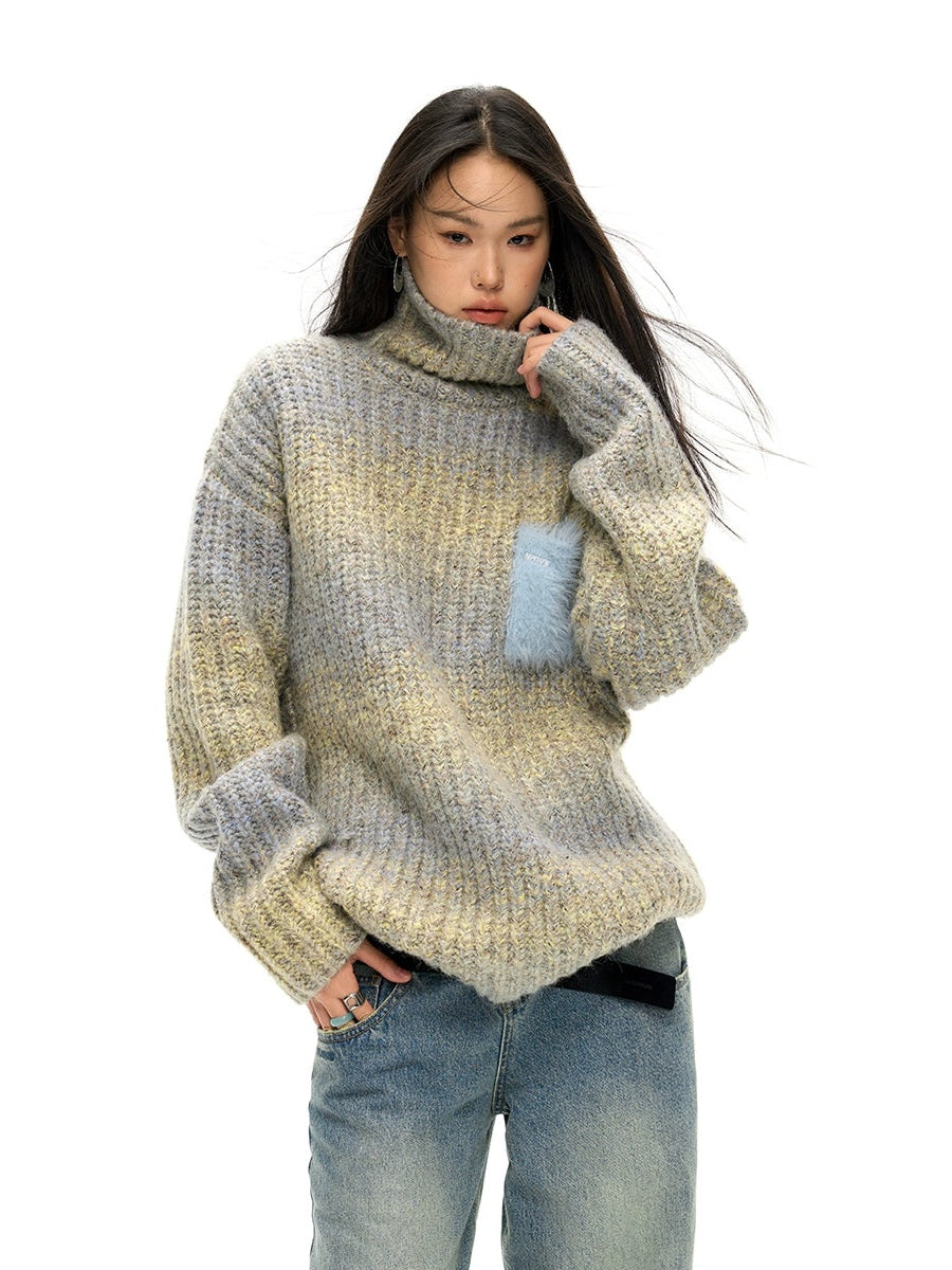 Gradient Color High-Neck Loose Sweater - chiclara