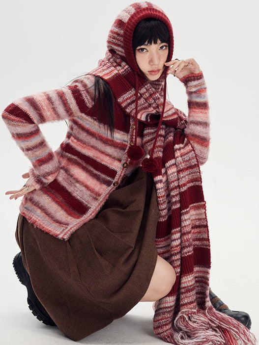 Retro Striped Knit Hat And Scarf - chiclara