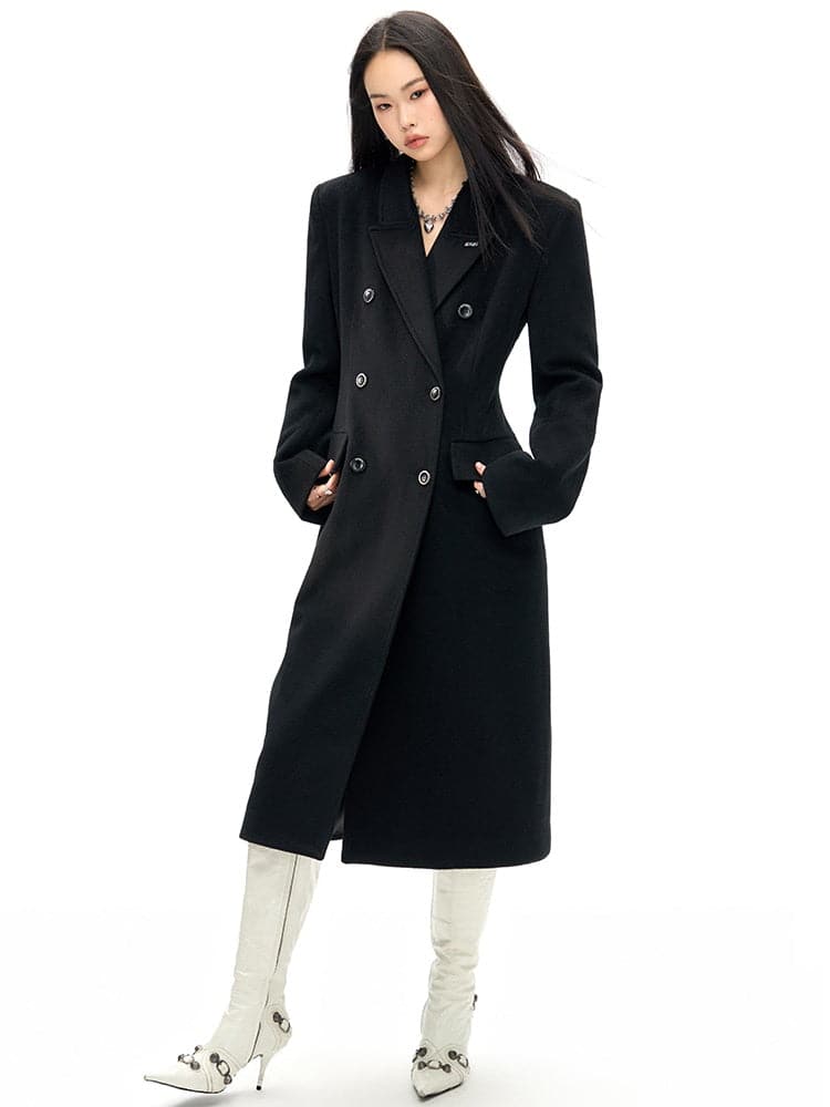 Slim Waist Double Blest Long Coat - chiclara