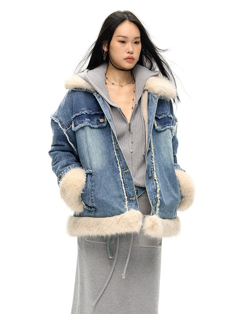 Detachable Fur Collar Denim Jacket - chiclara