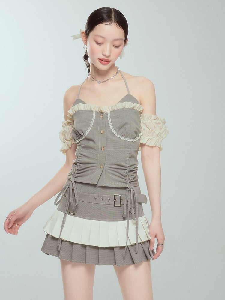 Pleated Cake Skirt With Halter Neck Suspender Top - chiclara