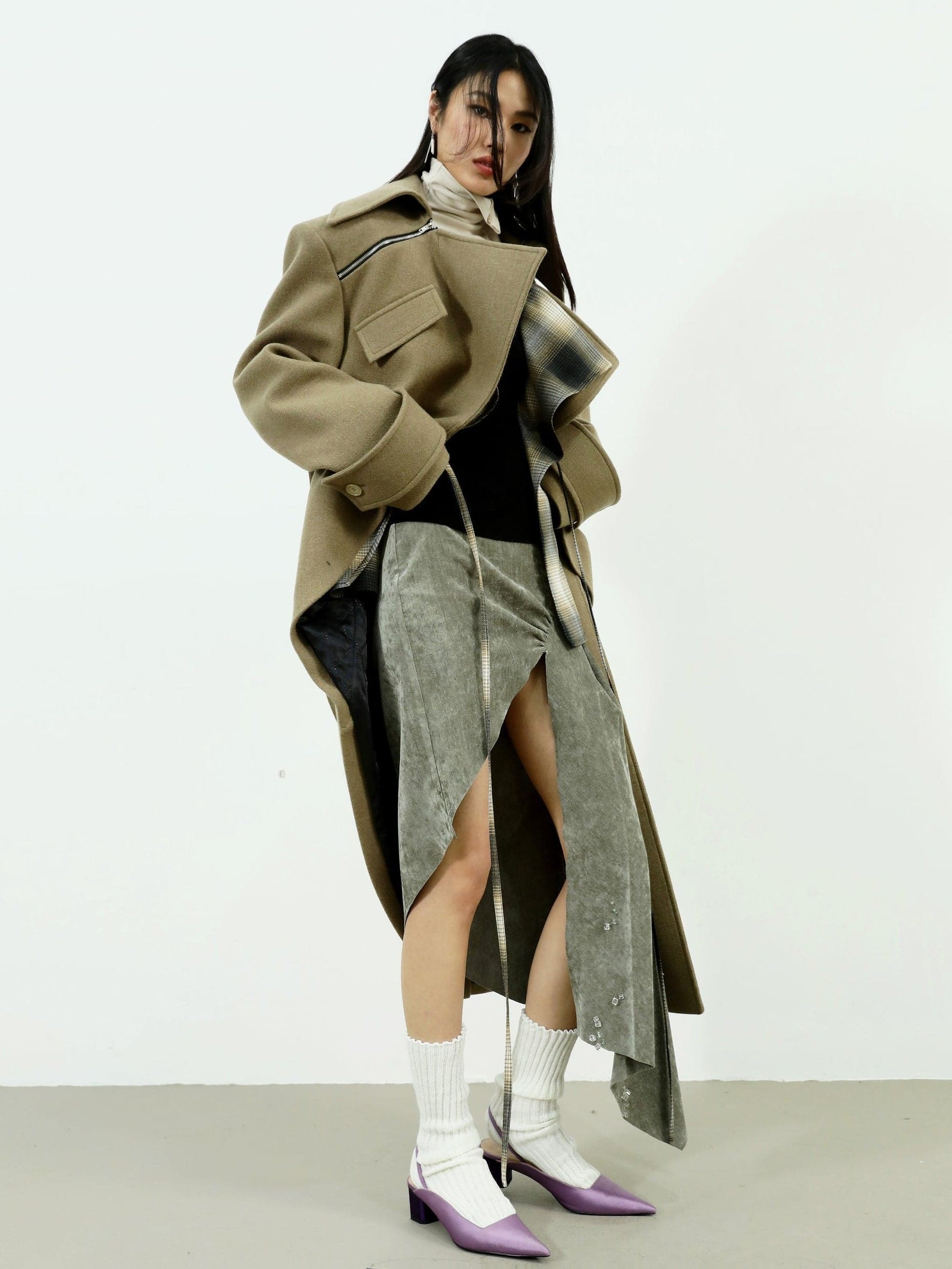 Asymmetric Woolen Coat With Faux Layered Look - chiclara