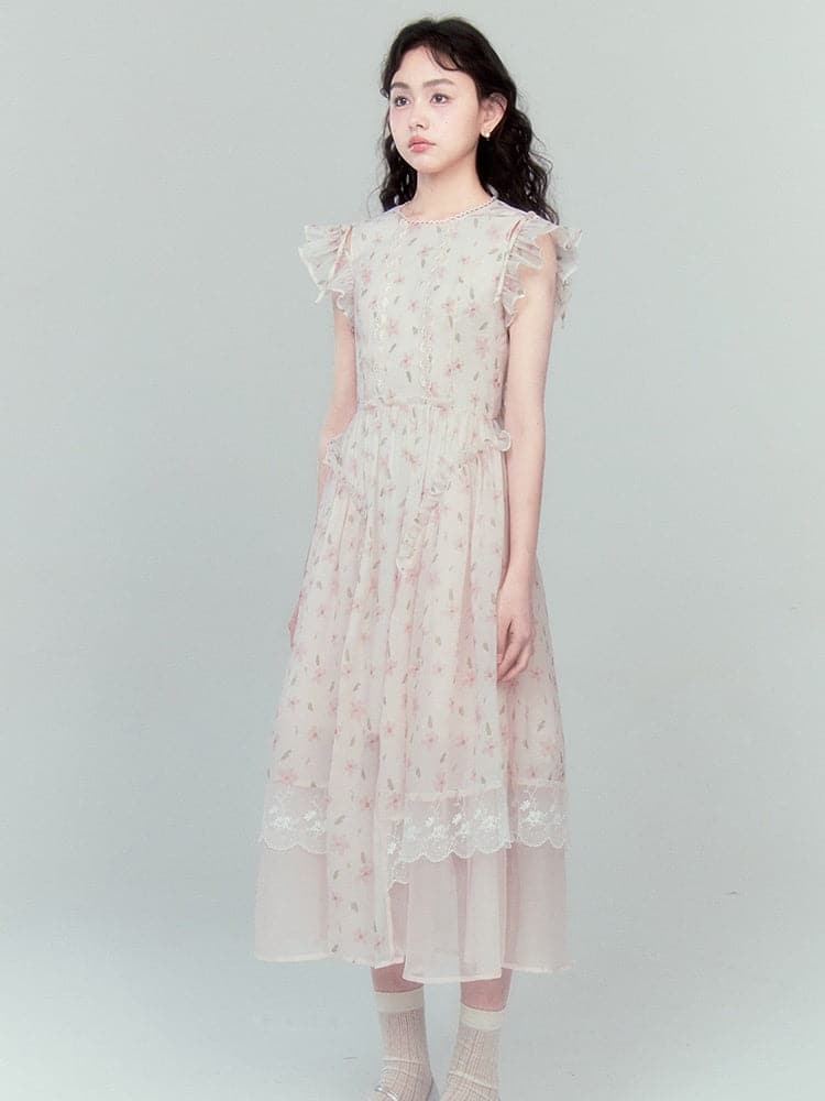 Lace Ruffled Flying Sleeve Dress - chiclara