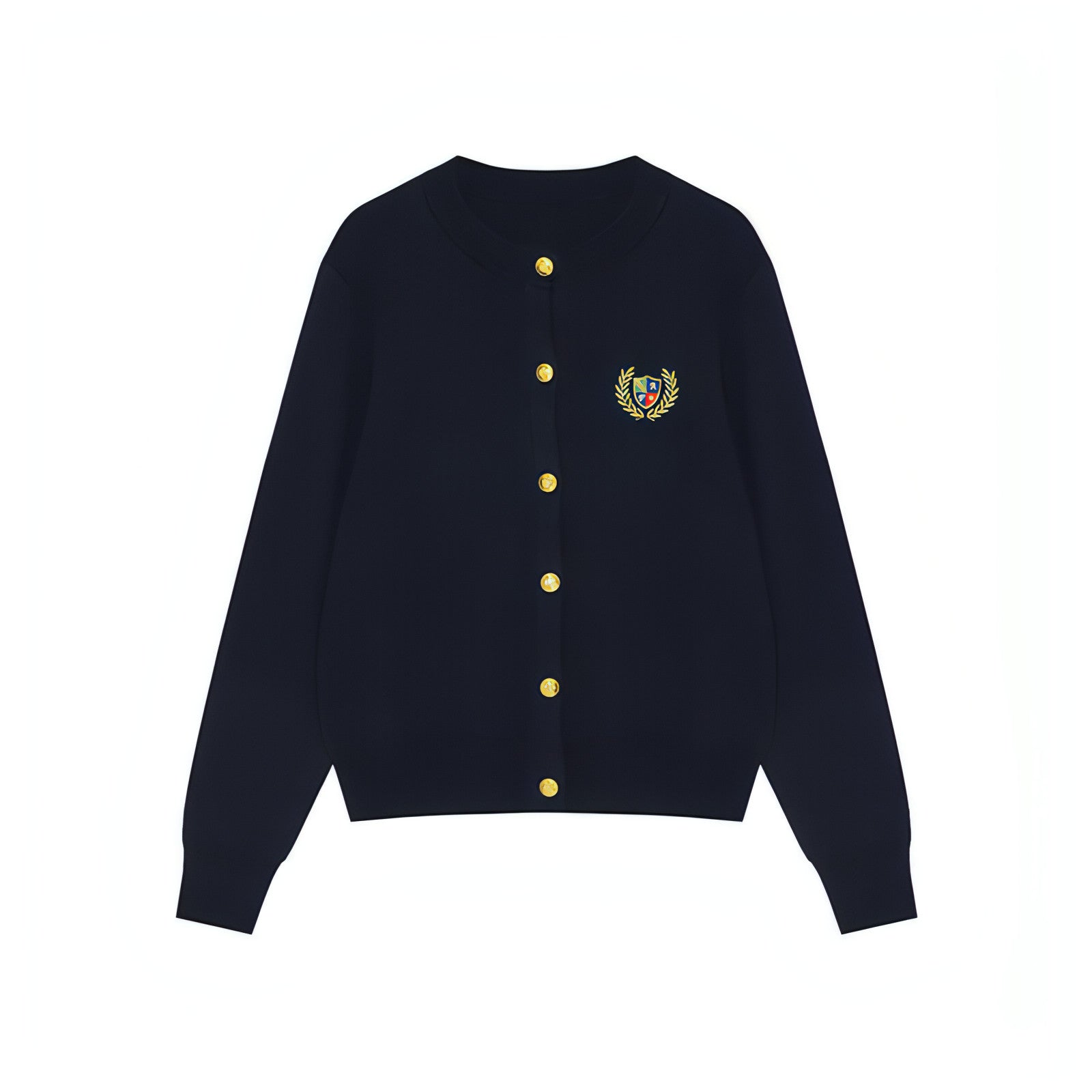 Wool Knit Cardigan , College Style Color-Block Badge Embroidery With Metal Button - chiclara