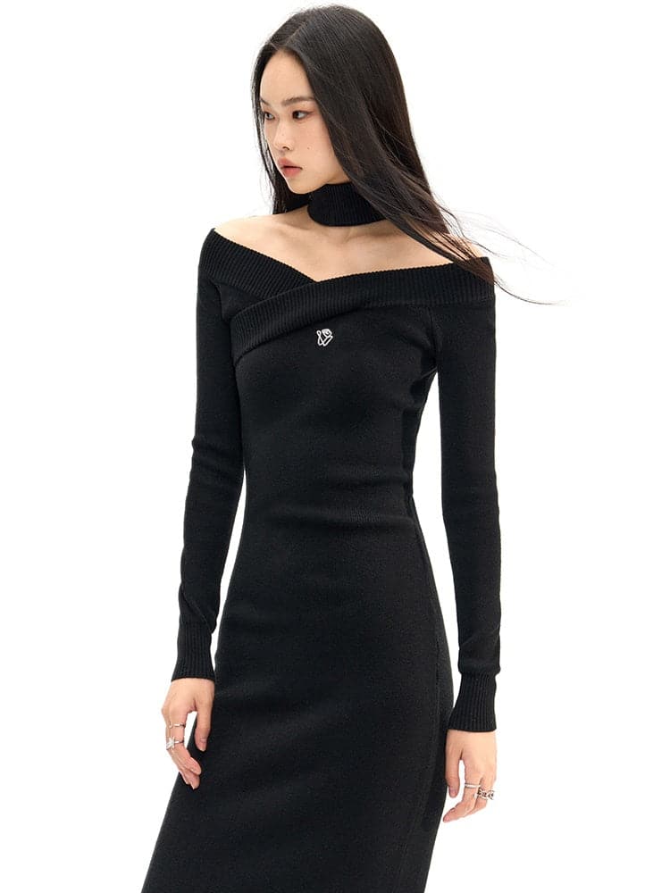 Cross-Neck Long Slim Knit Dress - chiclara