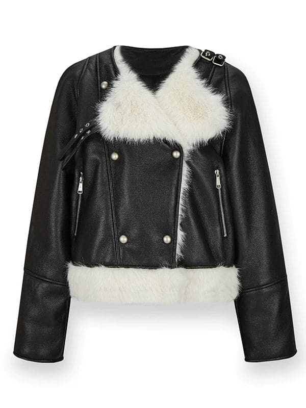 Large Lapel Eco-Friendly Fur Leather Jacket - chiclara