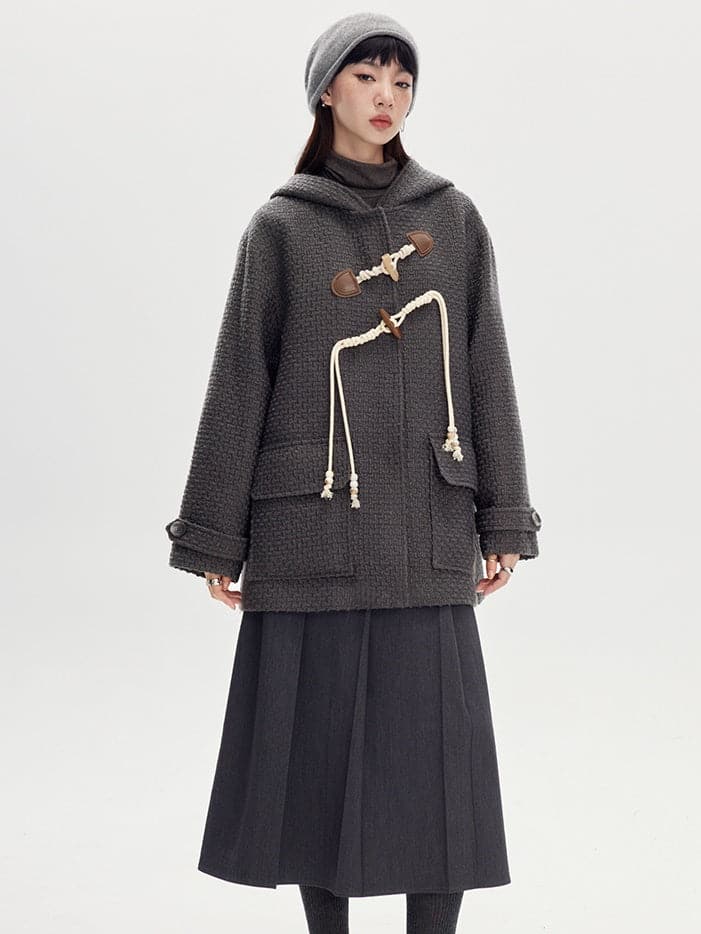 Horn Buckle Wool Coat With Hood - chiclara