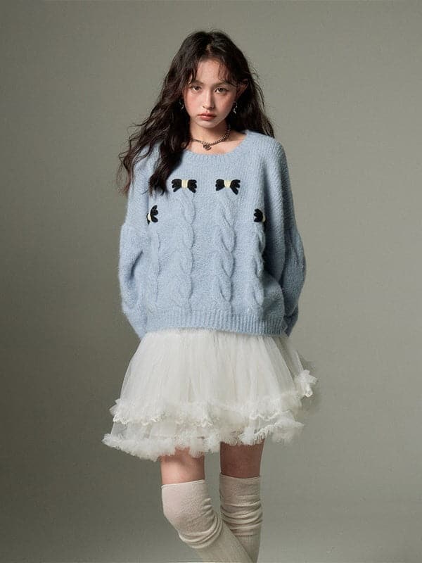 Cable Bow Knit Sweater - chiclara