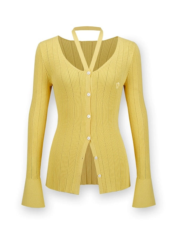 V-Neck Halterneck Slim Knitted Cardigan - chiclara