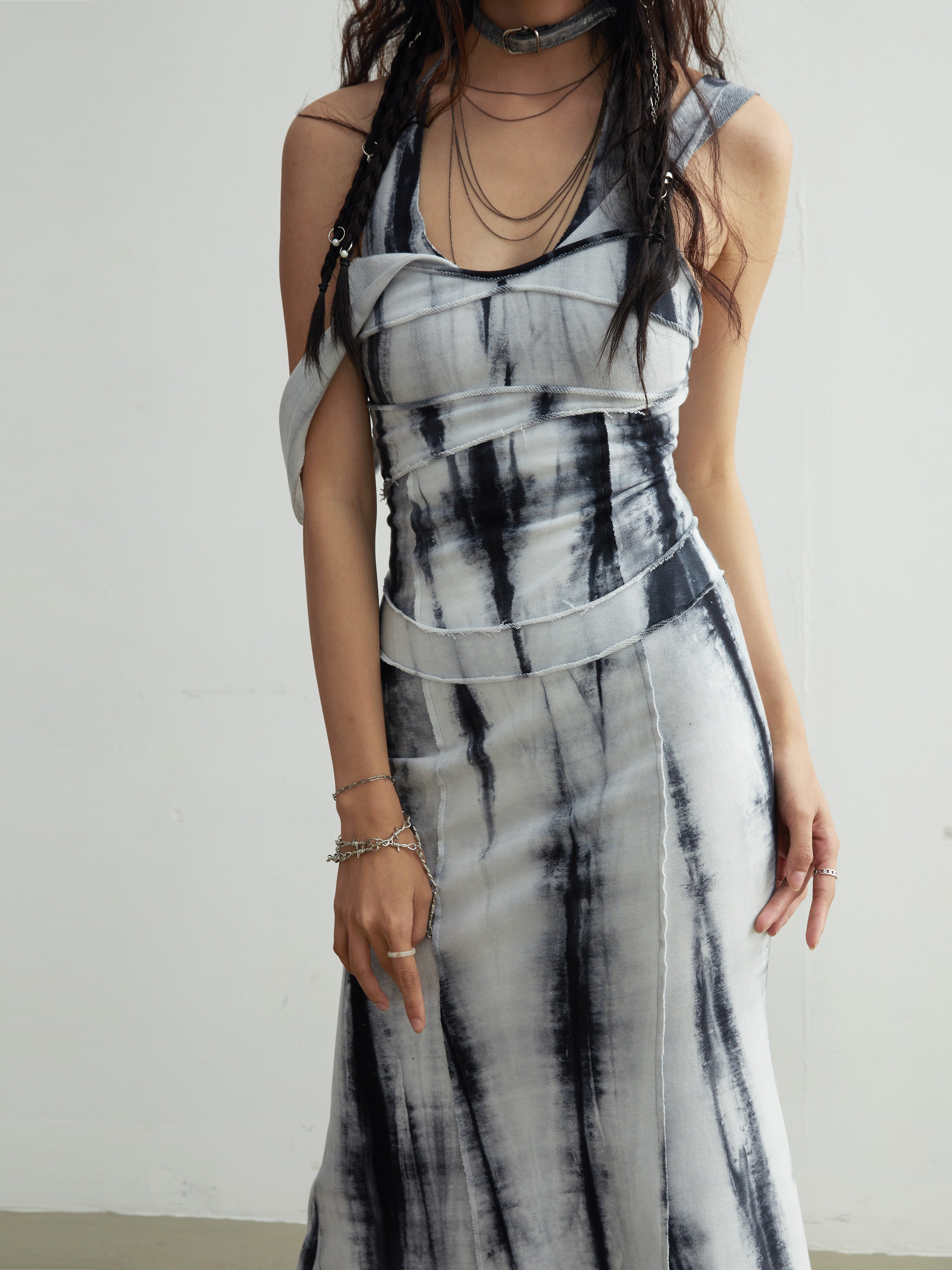 Elegant Tie-Dye Maxi Dress With Slim Straps - chiclara