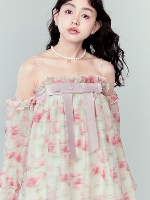 Romantic Lace Floral Dress With Irregular Hem And Ribbon - chiclara