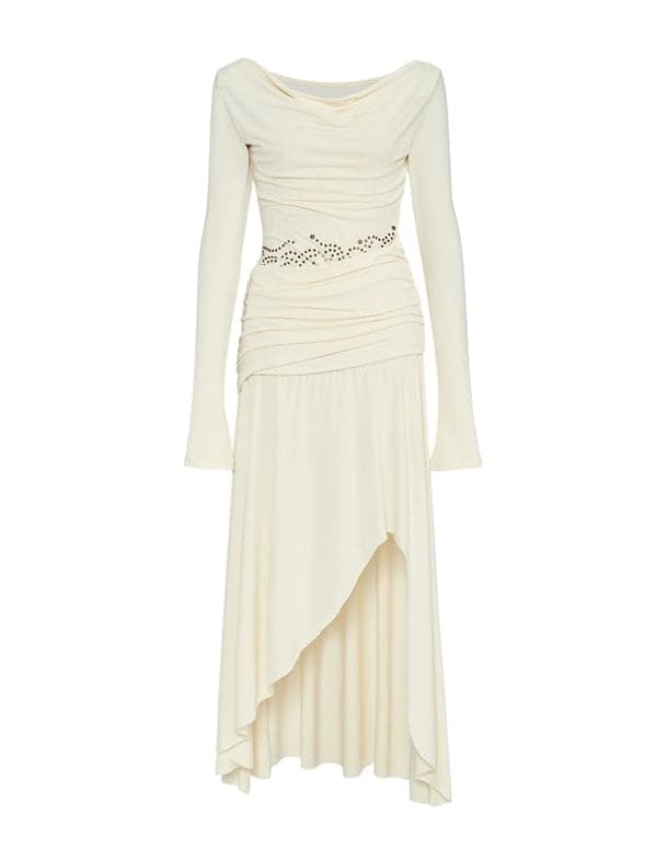 Asymmetric Pleated Dress With Slant-Shoulder Design - chiclara