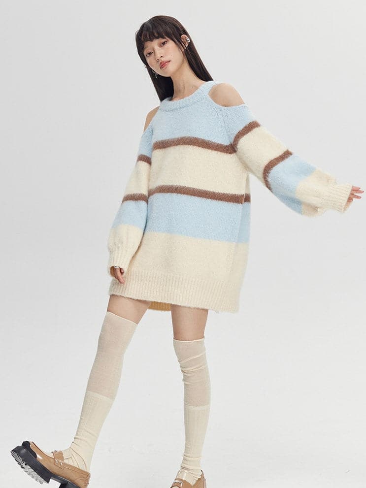 Striped Off-Shoulder Sweater - chiclara