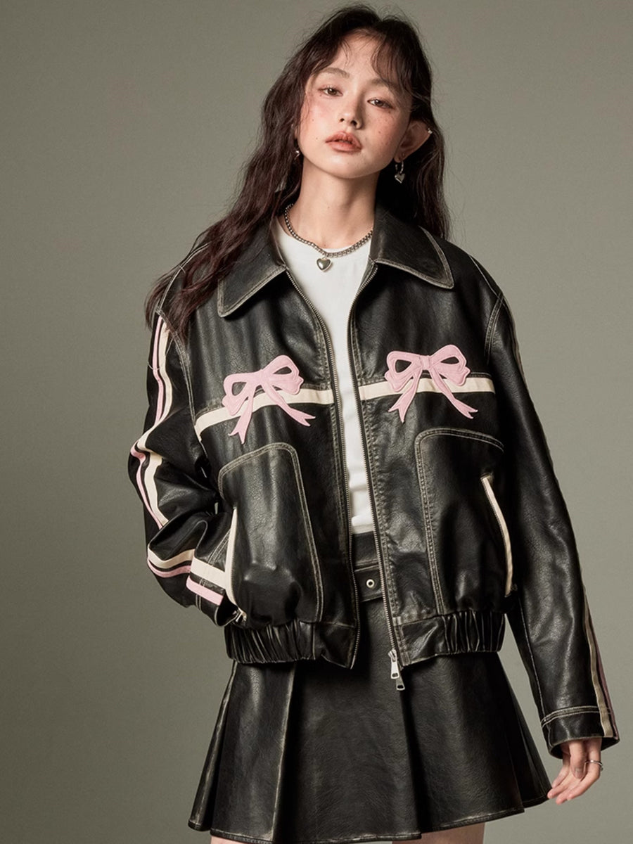 Retro Color-Painted Leather Jacket with Bowknot Detail