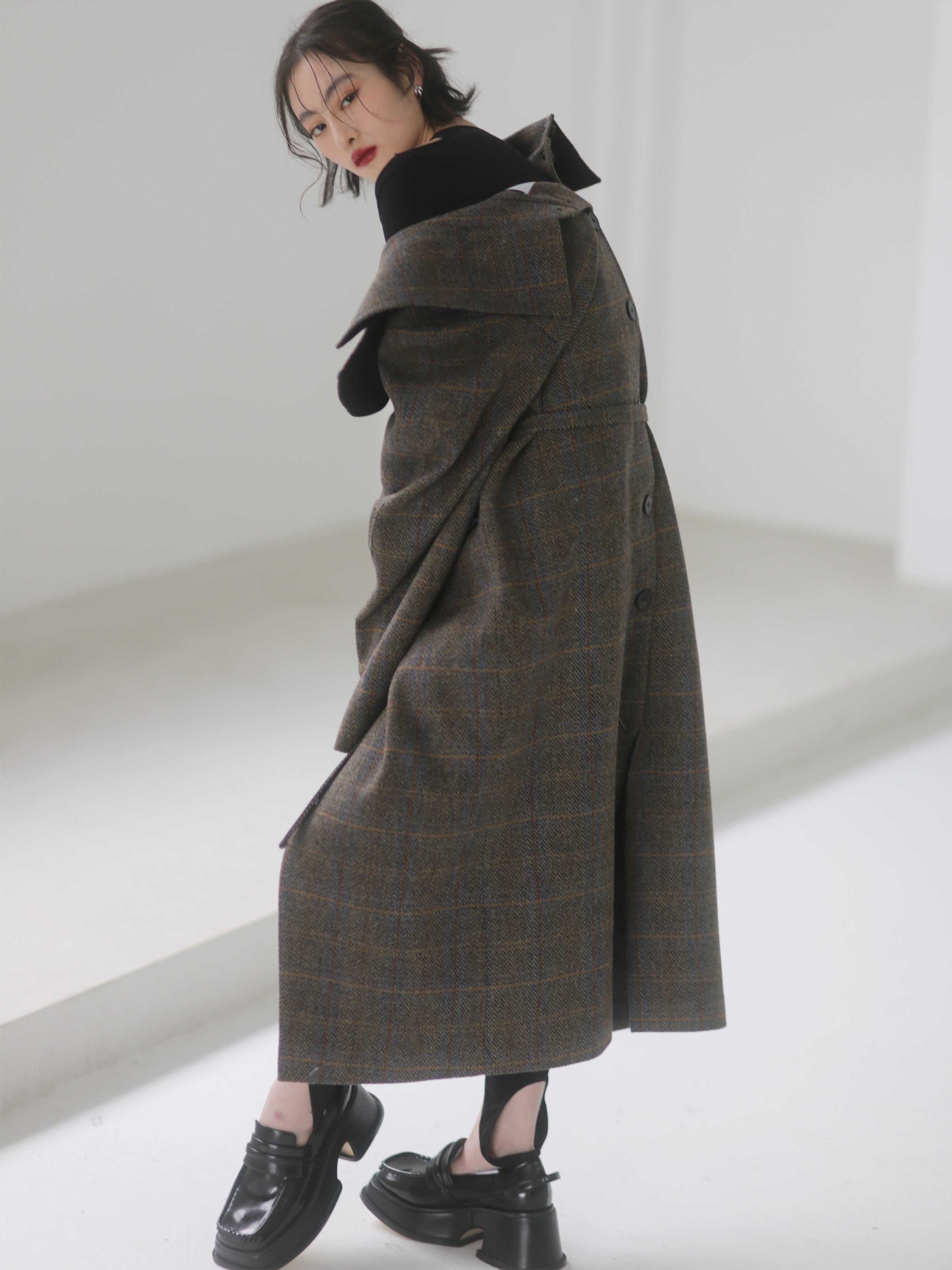 Plaid Wool Long Coat With 3D Generous Collar - chiclara