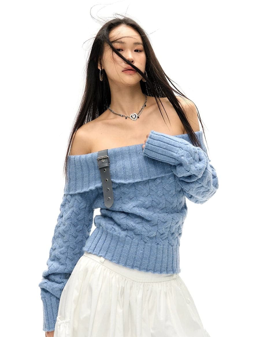 Detachable Belt One-Shoulder Sweater - chiclara