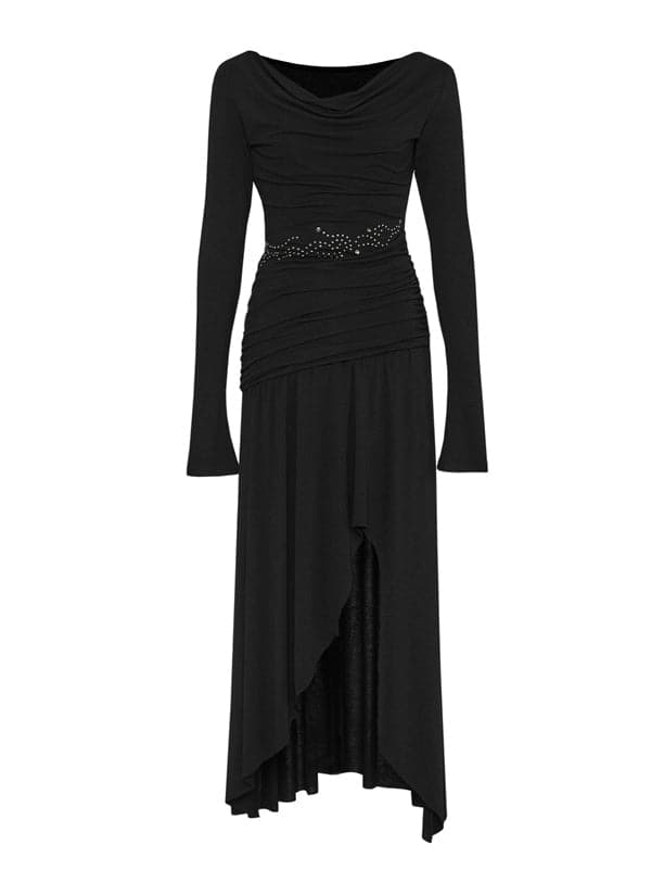 Asymmetric Pleated Dress With Slant-Shoulder Design - chiclara