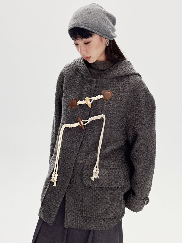 Horn Buckle Wool Coat With Hood - chiclara