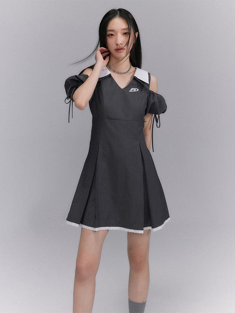 Hollow V-Neck Puff Sleeve Dress - chiclara