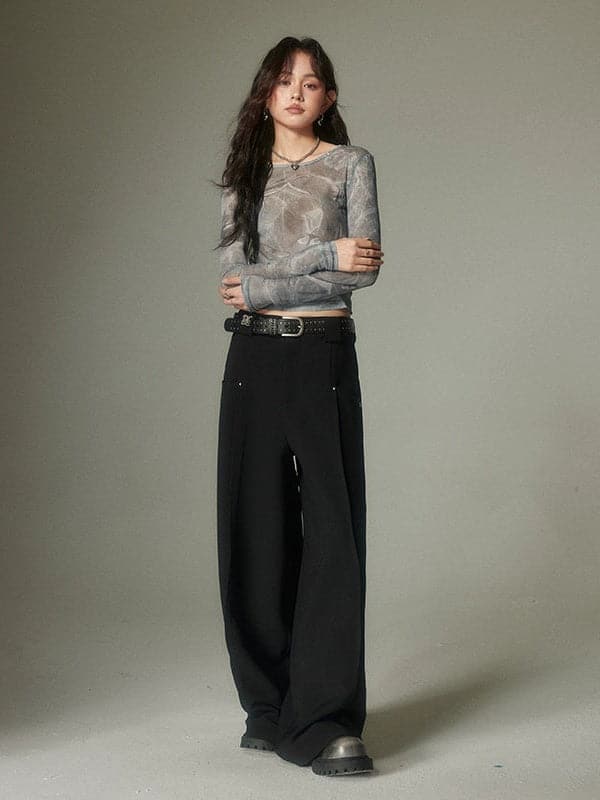 Rivet Wide-Leg Pants In Solid Colors - chiclara