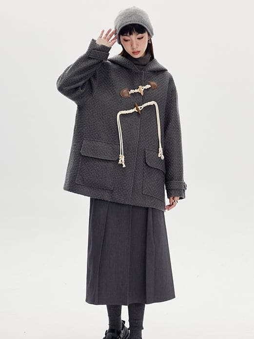 Horn Buckle Wool Coat With Hood - chiclara