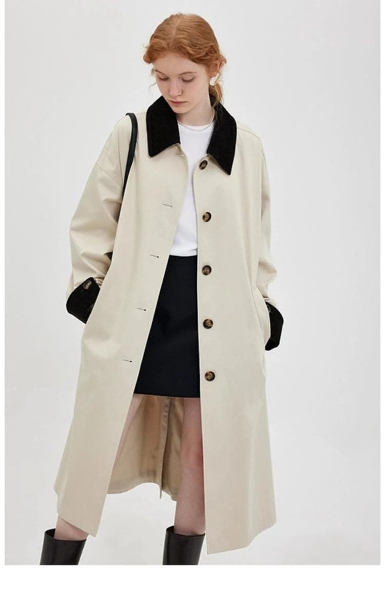 New Retro Color-Block Long Trench Coat - chiclara