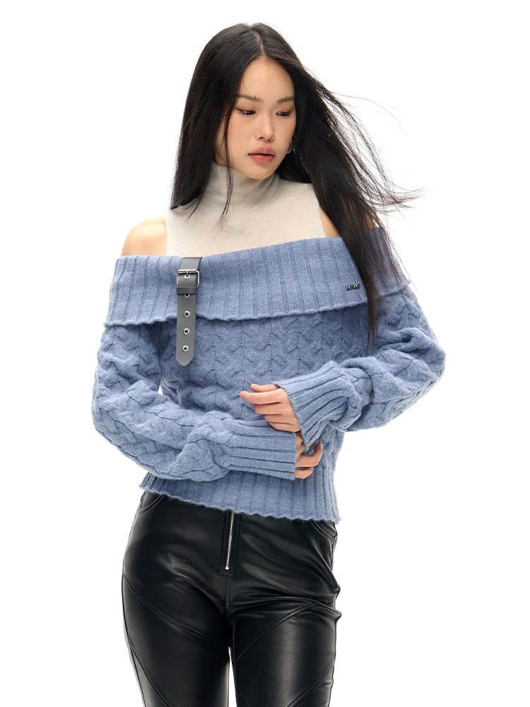 Detachable Belt One-Shoulder Sweater - chiclara