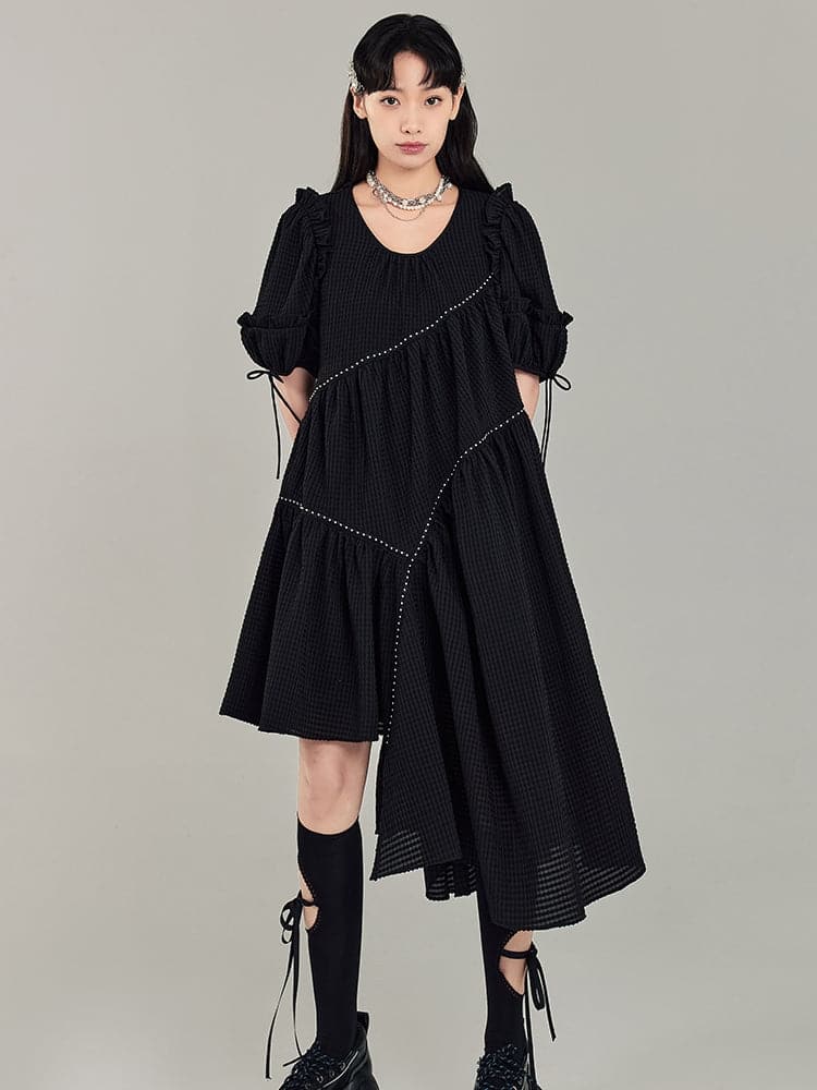 Black Irregular Puff Sleeve Dress - chiclara