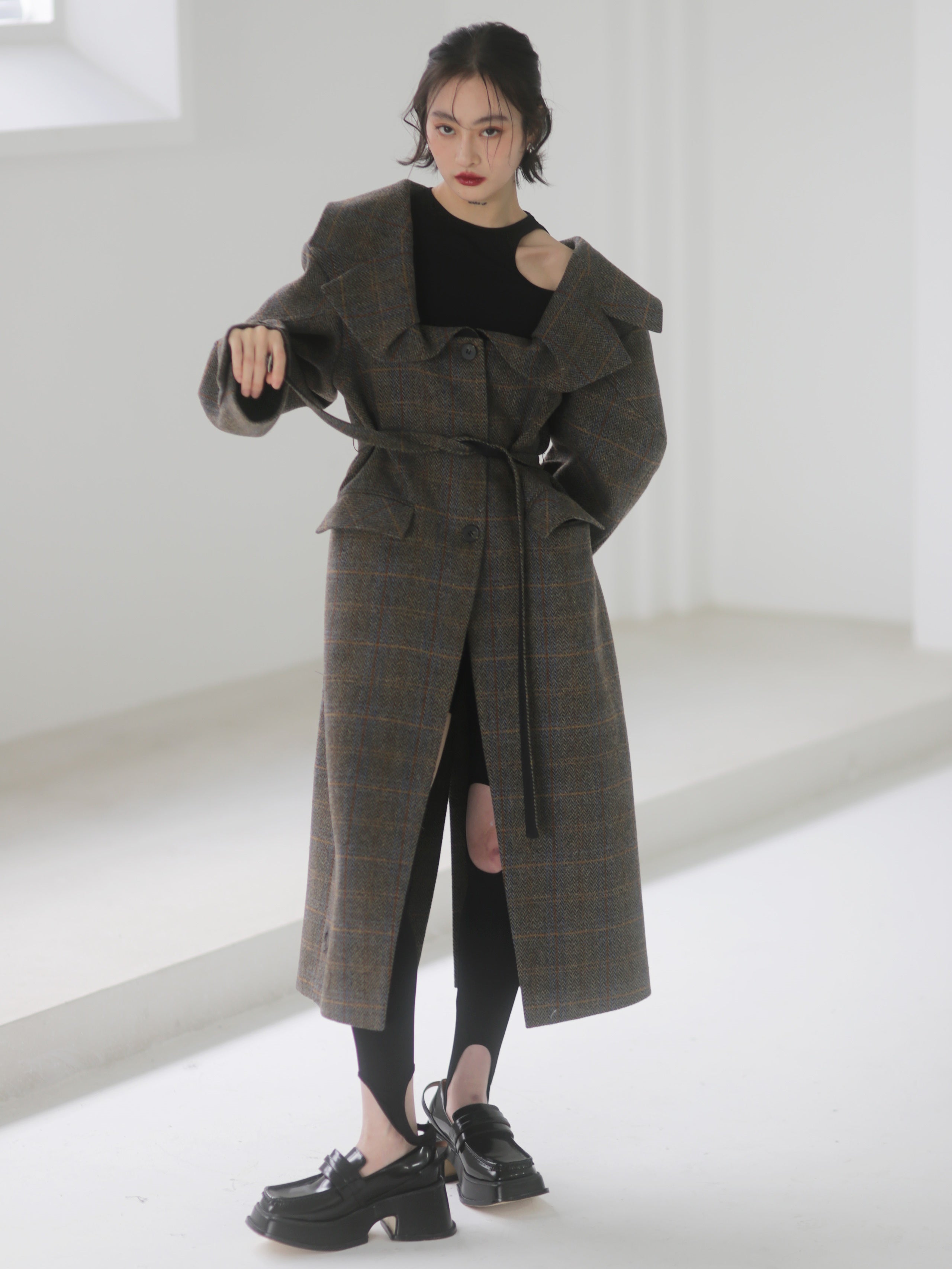 Plaid Wool Long Coat With 3D Generous Collar - chiclara