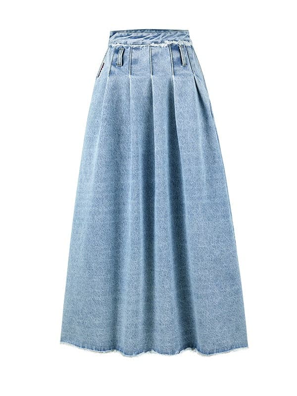 Large Pleated Washed Denim Skirt - chiclara