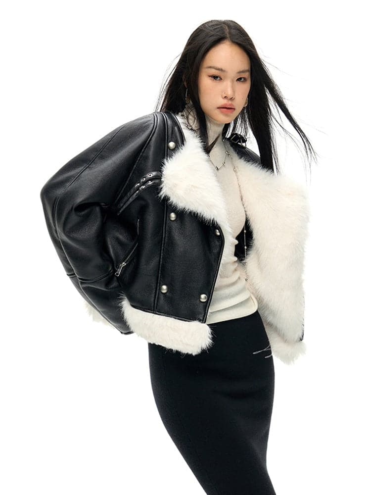 Large Lapel Eco-Friendly Fur Leather Jacket - chiclara