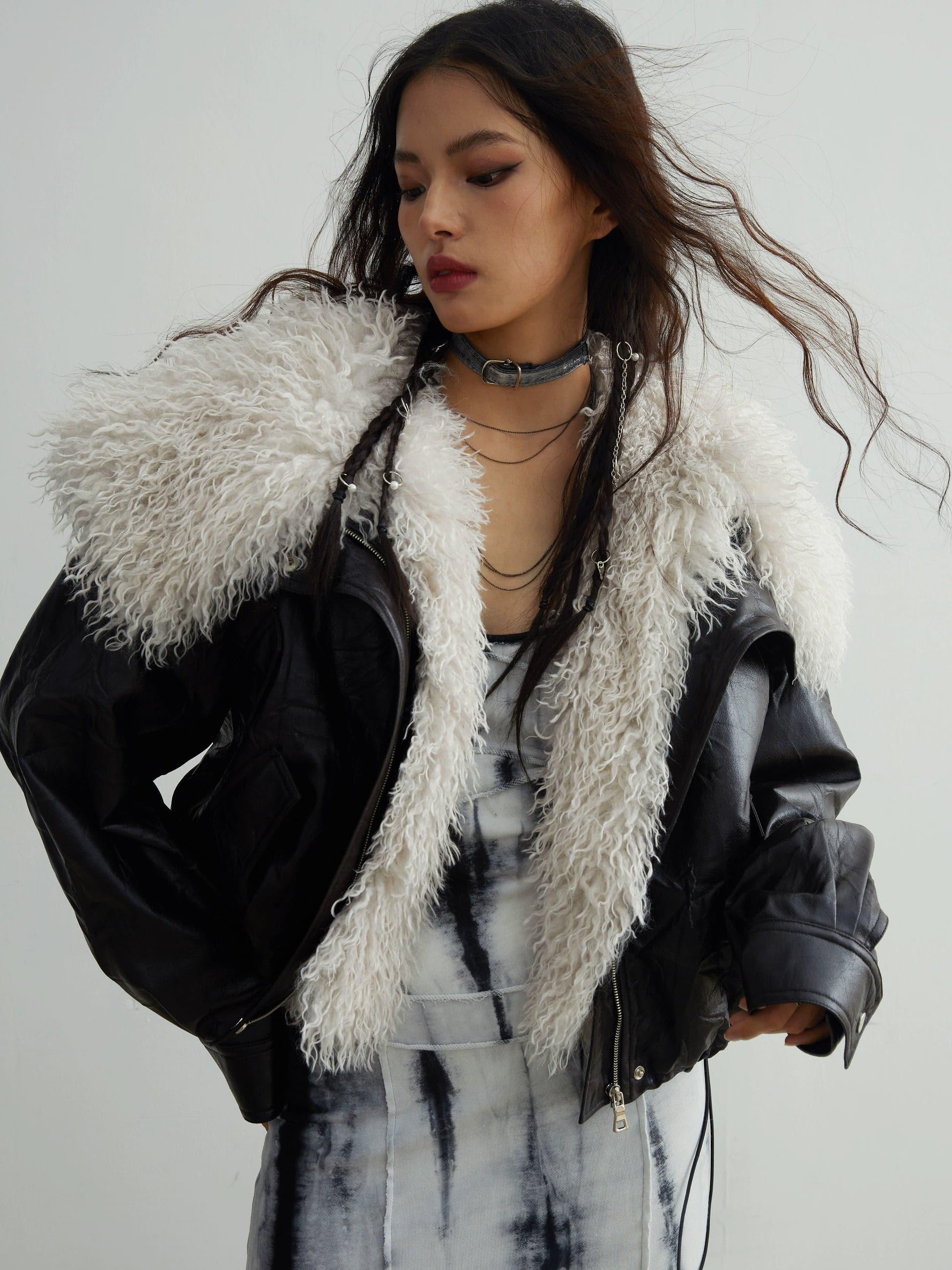 Faux Leather Jacket With Detachable Oversized Fur Collar - chiclara