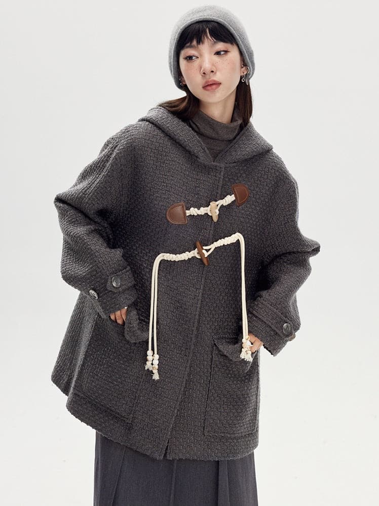 Horn Buckle Wool Coat With Hood - chiclara