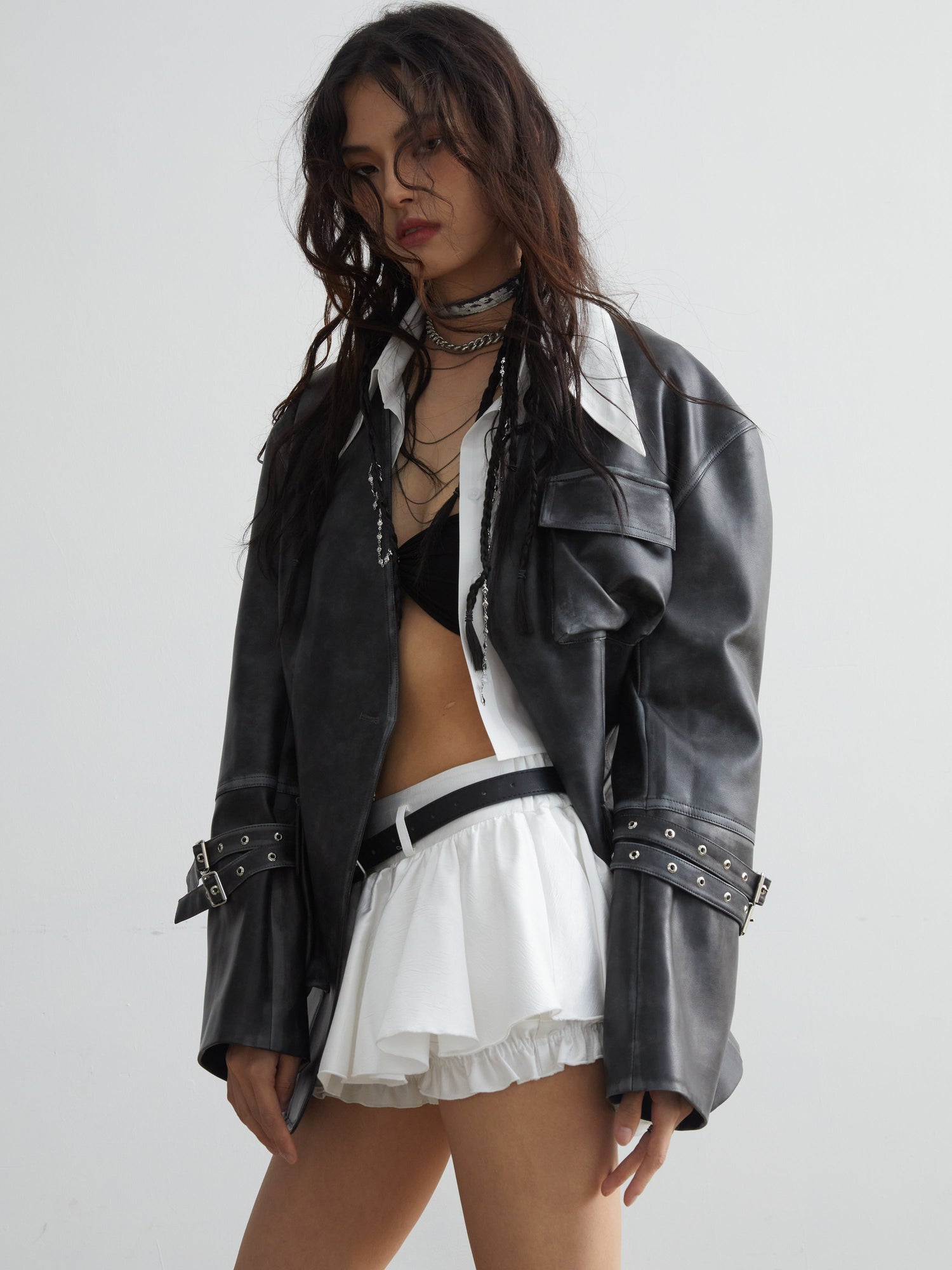 CHIFFON MINI SKIRT BELT FRILL_BLACK