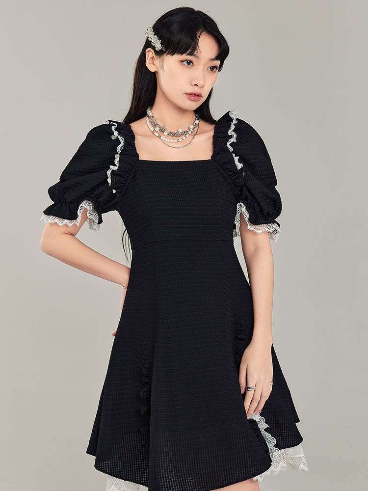 Puff Sleeve Black Square Neck Dress - chiclara