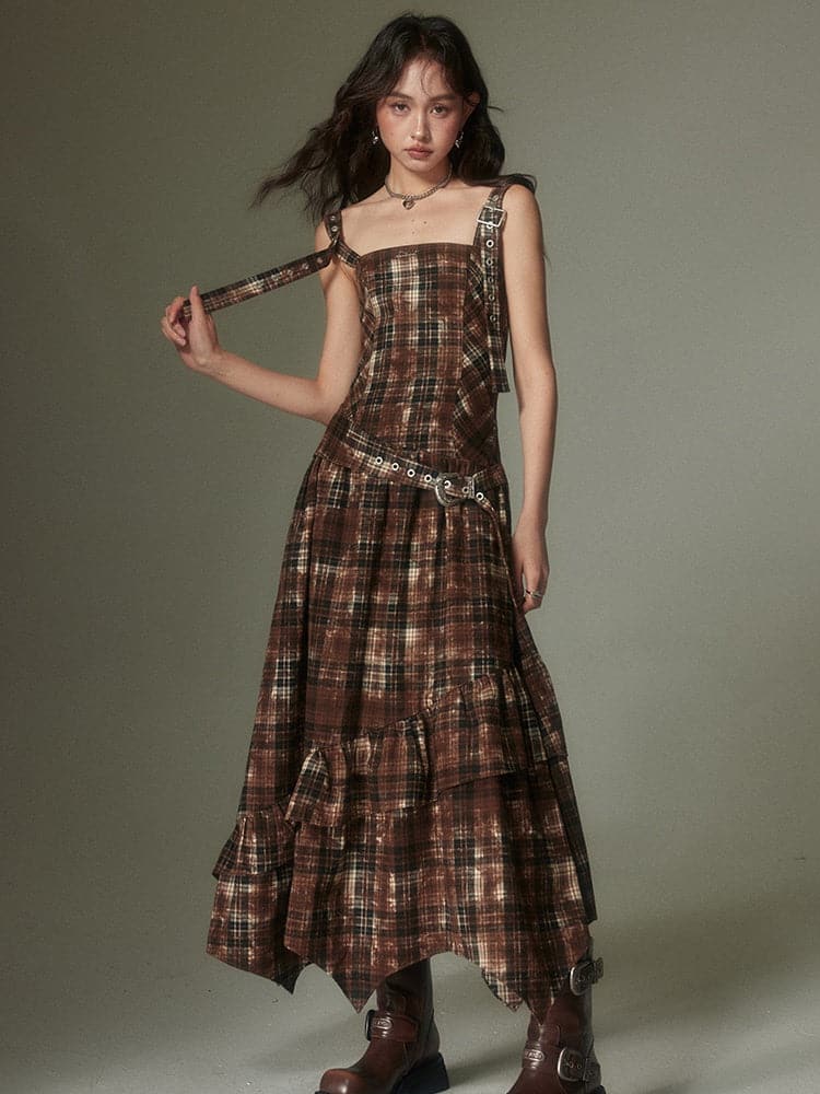 Adjustable Plaid Strap Dress - Retro-Inspired Fashion - chiclara